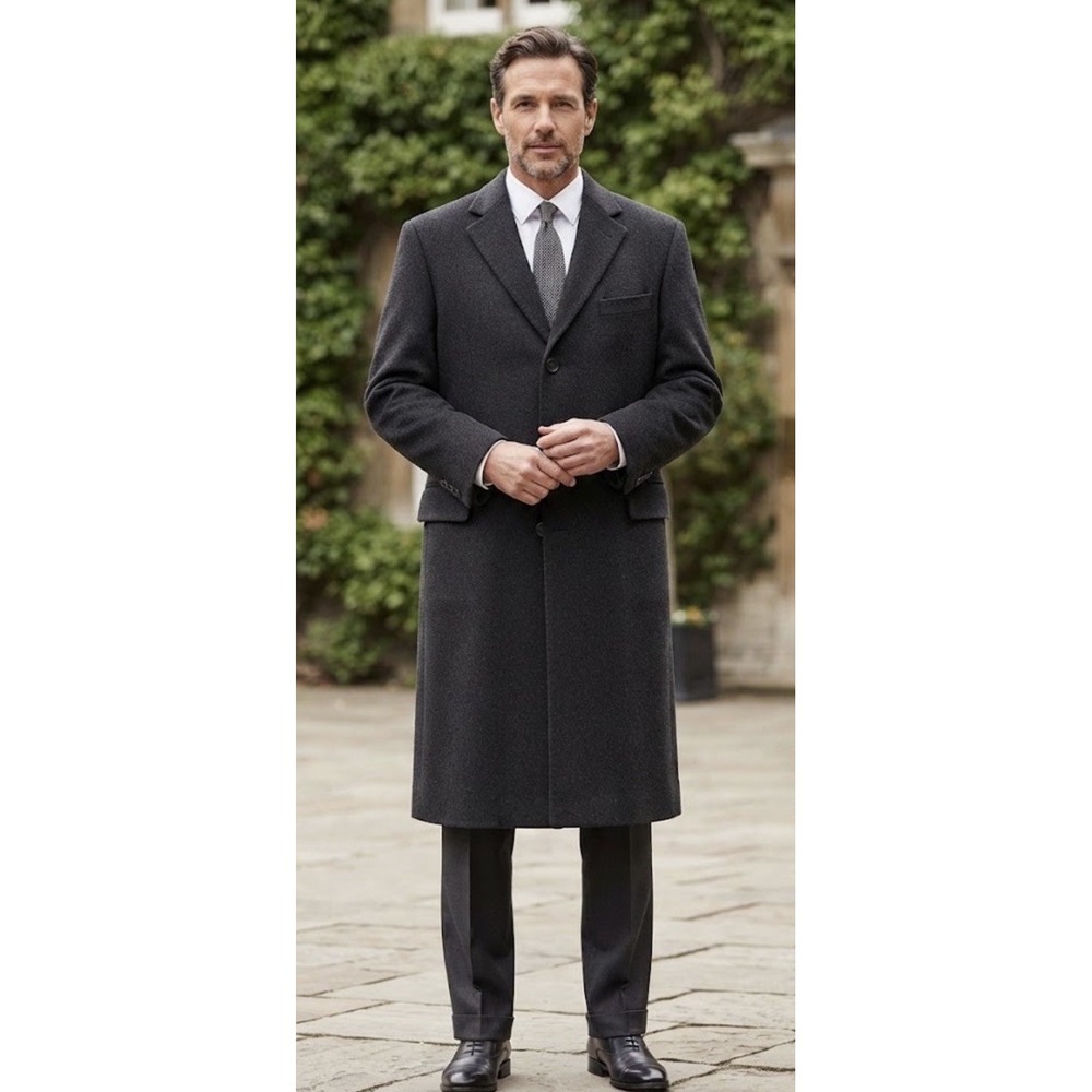 Vtg Lauren Ralph Lauren Trench Overcoat Italian Cashmere Wool Charcoal Mens 44R